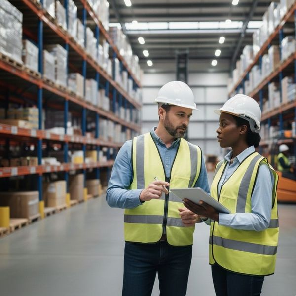 two employees chatting in a warehouse