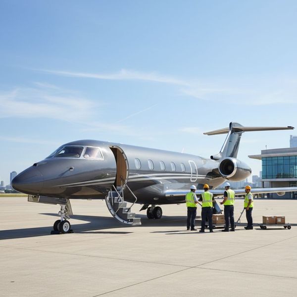 employees meeting outside of a smaller plane