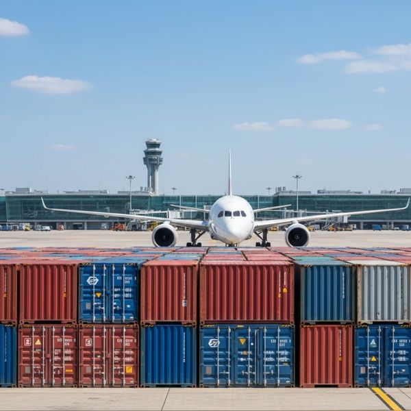 airplane shipping cargo on tarmac with plane