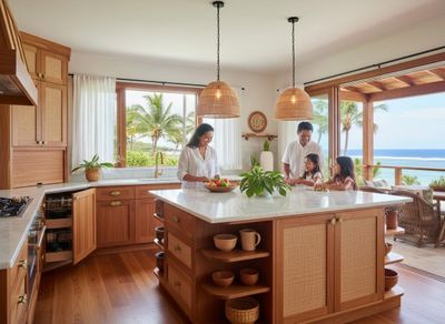 Family enjoying a spacious tropical kitchen with ocean views