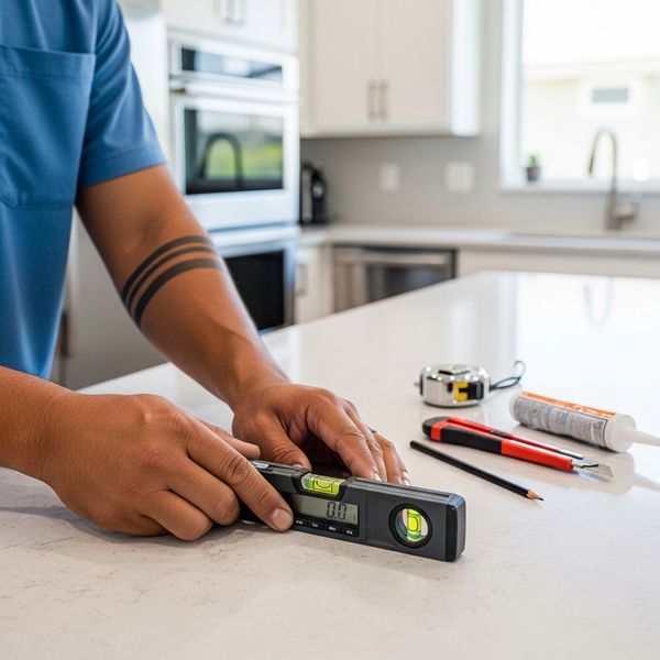 Professional hands measuring a granite countertop for a precise kitchen installation.