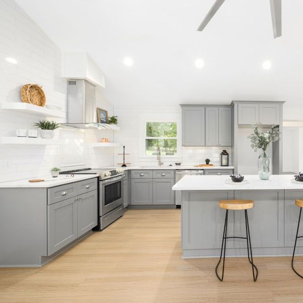 kitchen with light grey cabinets