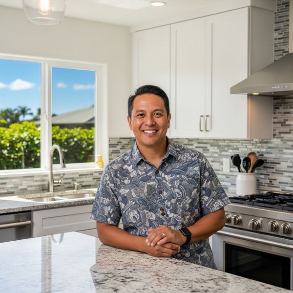 A satisfied homeowner in a bright kitchen with a professional countertop installation from Maika'i Import Inc.