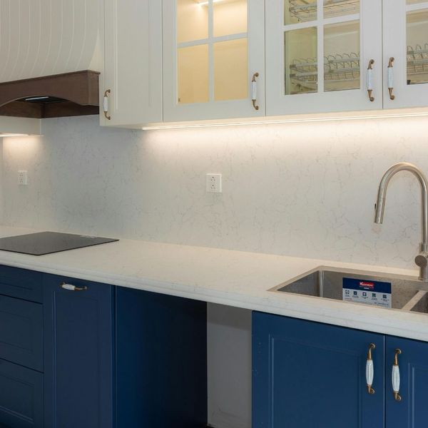 white and blue cabinets