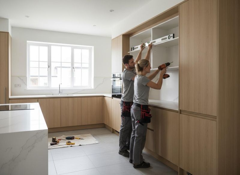 Couple installing modern kitchen cabinets