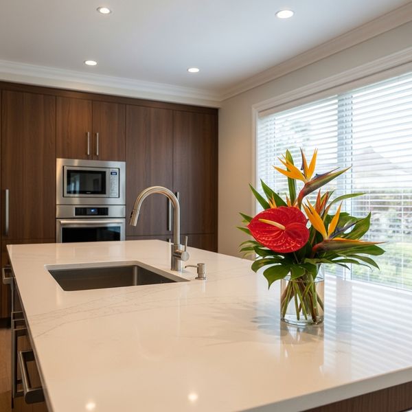 Modern kitchen with a new countertop and stainless steel sink, highlighting an increase in home value.