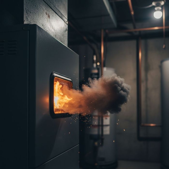 Smoke and flames erupt from a furnace's combustion chamber, illustrating a dangerous delayed ignition. Smoke and flames erupt from a furnace's combustion chamber, illustrating a dangerous delayed ignition.