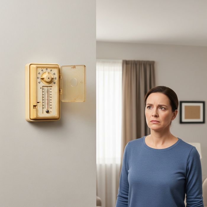 A homeowner looking concerned while an outdated thermostat is shown on a wall Sizing3.jpeg