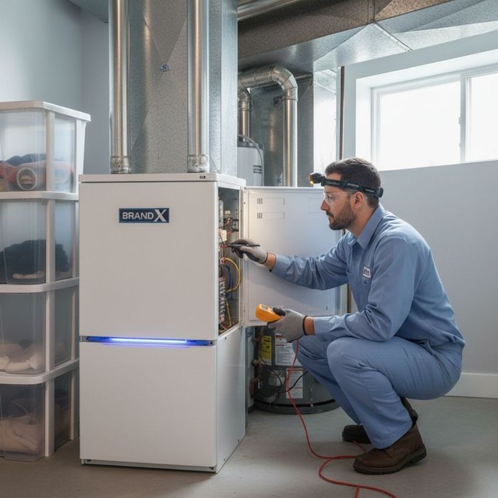 A professional HVAC technician in clean workwear carefully inspecting the internal components of a residential furnace and AC system