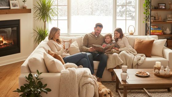 A family enjoys a warm and comfortable living room during the cold winter months.