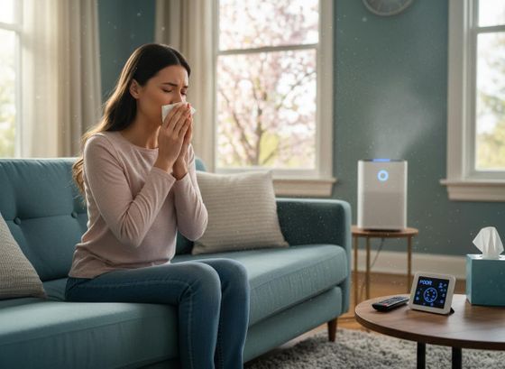 Woman sneezing due to poor indoor air quality