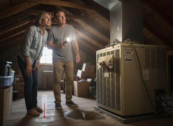 A concerned couple shines a flashlight on a leaky HVAC unit in a dusty, hot attic, indicated by a thermometer showing 'RECORD HEAT'. Couple Discovers Leaking HVAC Unit in Hot Attic