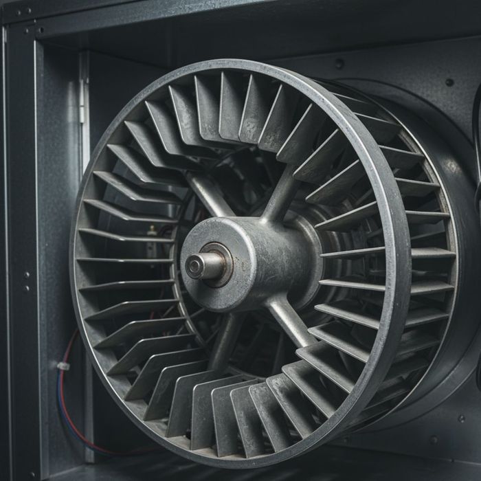 detailed view of a circular furnace blower wheel, showing the individual metal fan blades. detailed view of a circular furnace blower wheel, showing the individual metal fan blades.