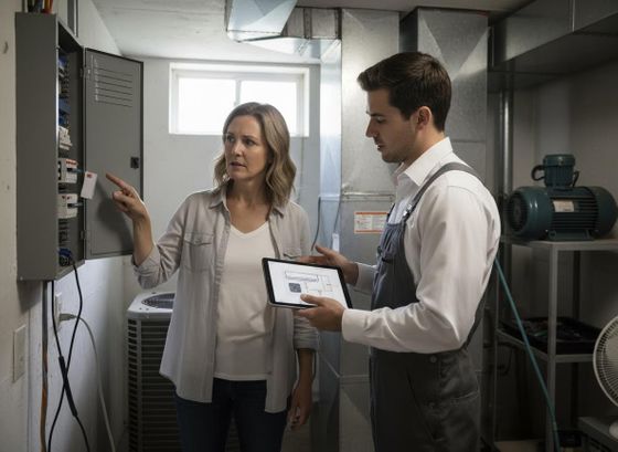 A technician explains an electrical system issue to a concerned woman in a utility room, using a tablet with a diagram. HVAC technician explains electrical panel to a homeowner