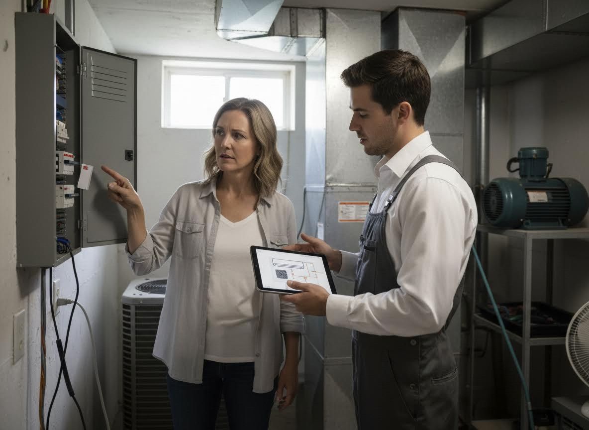 HVAC technician explains electrical panel to a homeowner