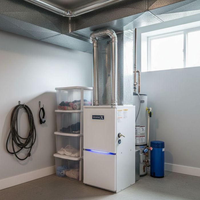 A sleek, modern high-efficiency furnace stands ready to provide energy-saving heat in a residential home.