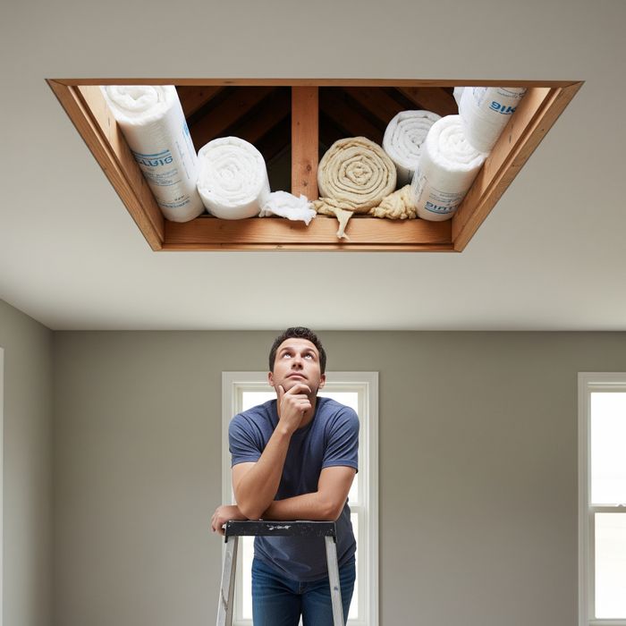 A homeowner standing below an attic hatch, contemplating home insulation. Insulation1.jpeg