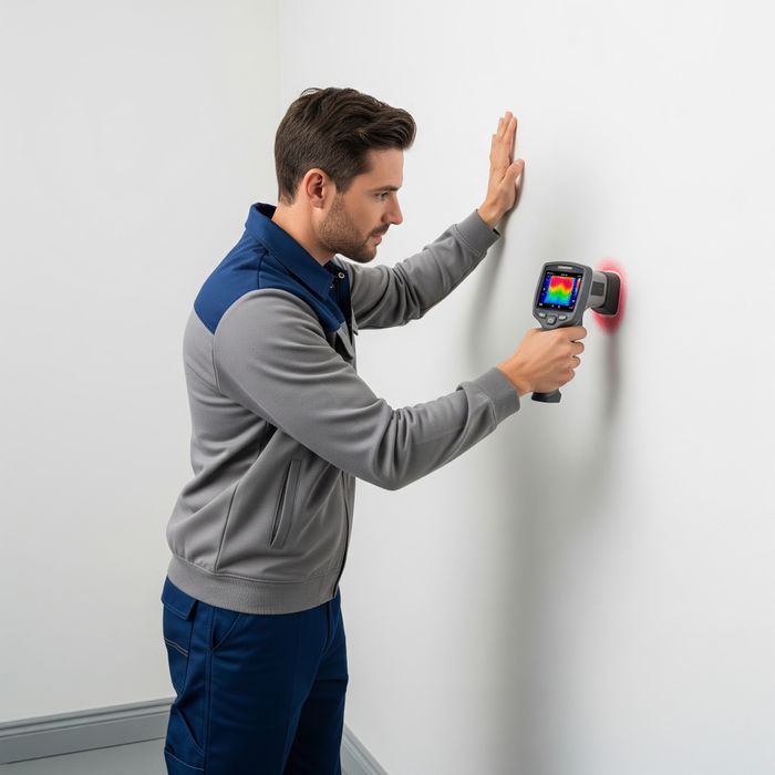 A professional HVAC technician using a diagnostic tool on a wall to check for drafts. Insulation4.jpeg