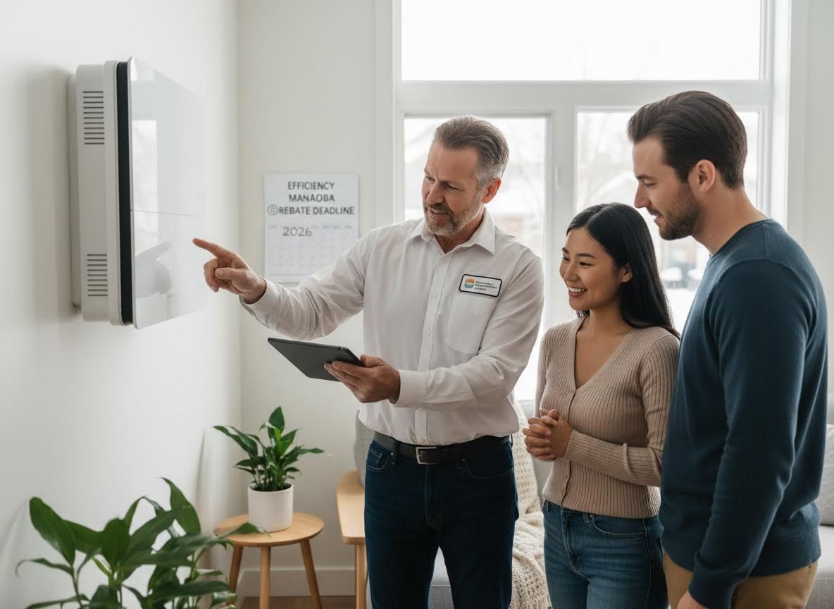 Technician explains smart home device to a couple