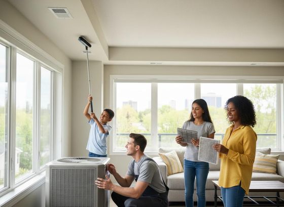 A family with a technician performing home HVAC maintenance. Boy dusts ceiling vent, women compare dirty and clean air filters, and technician works on unit. Family and Technician Performing Home HVAC Maintenance