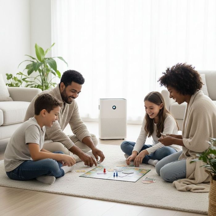 A happy family gathers in a healthy and warm indoor environment provided by a new HVAC system.