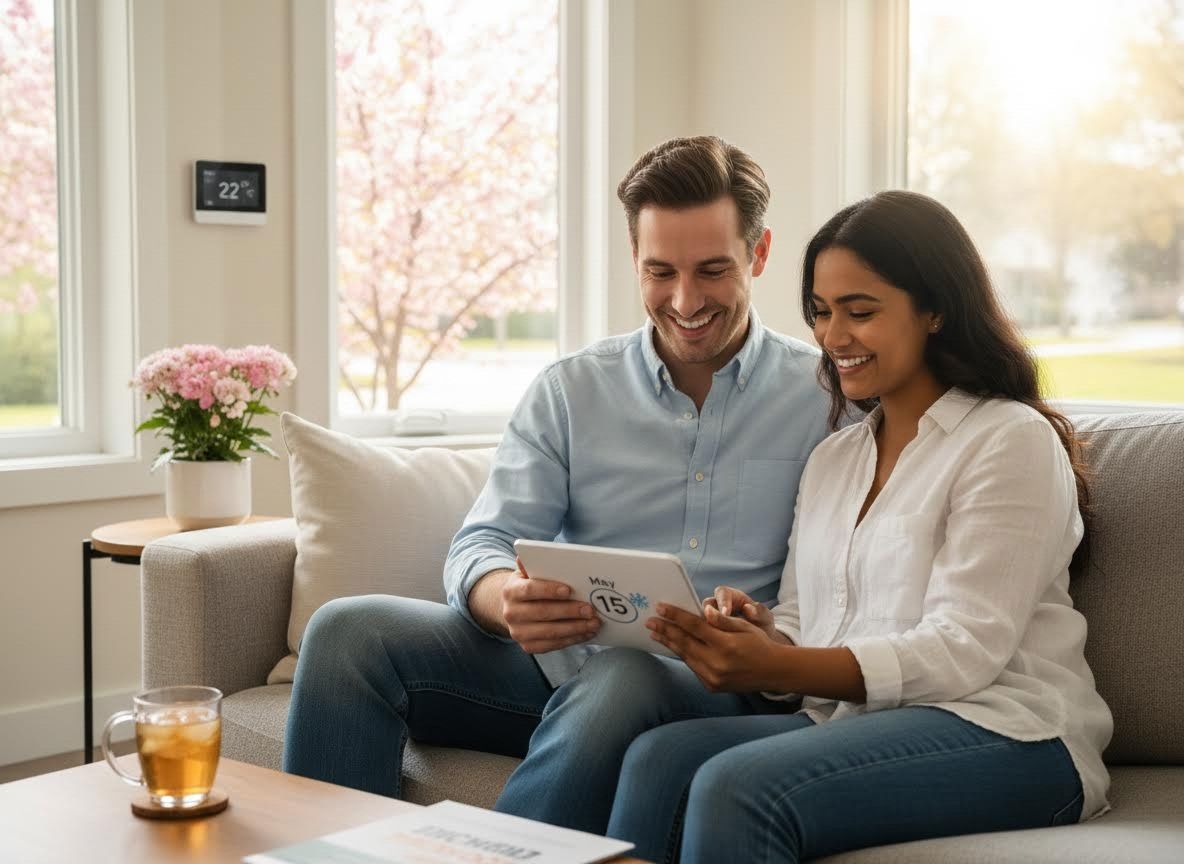 Couple using smart home tablet on couch