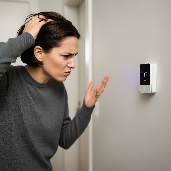 A person looking frustrated at a smart thermostat on a wall. Insulation2.jpeg
