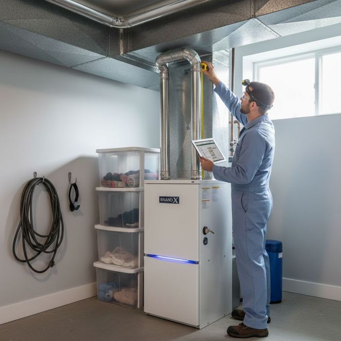 A professional HVAC technician performing precision measurements for a new furnace installation to ensure correct system sizing.