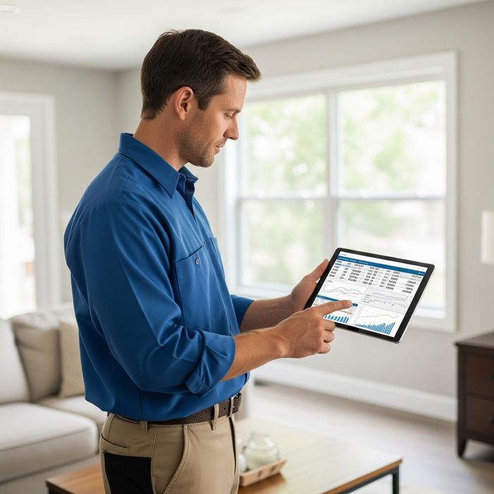 An HVAC technician performing calculations on a tablet inside a home Sizing1.jpeg