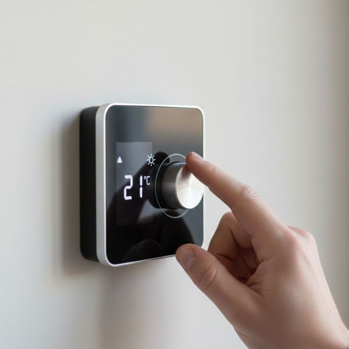 A homeowner adjusts a smart thermostat to maintain a precise and energy-efficient temperature.