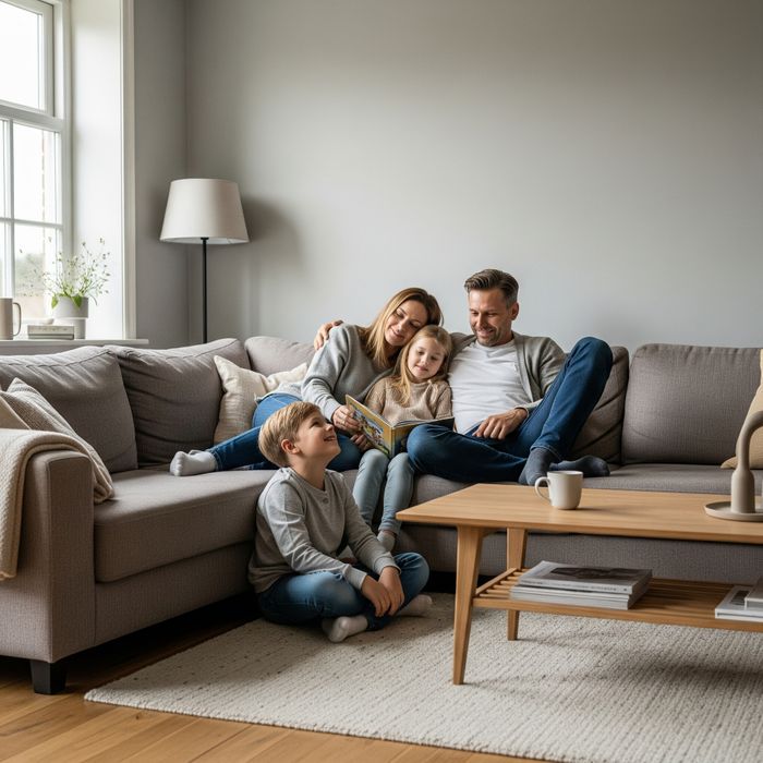 A family relaxing together in a comfortable, well-lit living room. Insulation3.jpeg