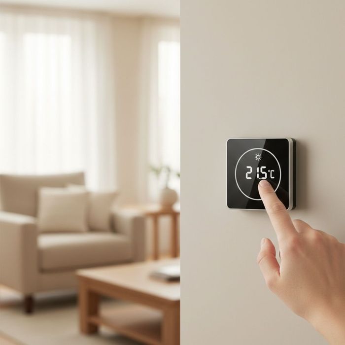A close-up of a modern smart thermostat interface being adjusted by a homeowner, representing energy-efficient HVAC control.
