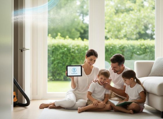 A happy family of four sitting on the floor in a bright living room. The mother holds a tablet displaying a 'CLEAN AIR' icon and text. Family showing 'Clean Air' on tablet in bright home