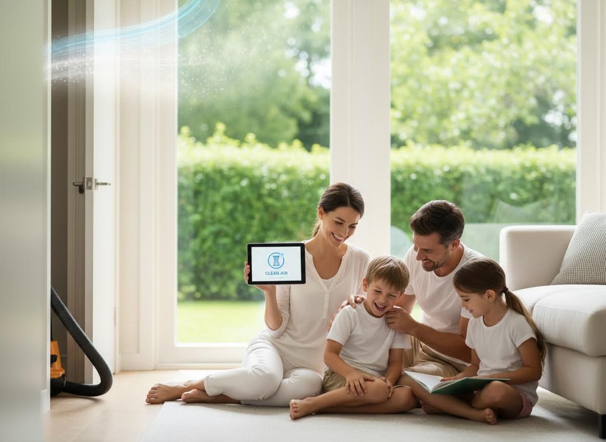 Family showing 'Clean Air' on tablet in bright home