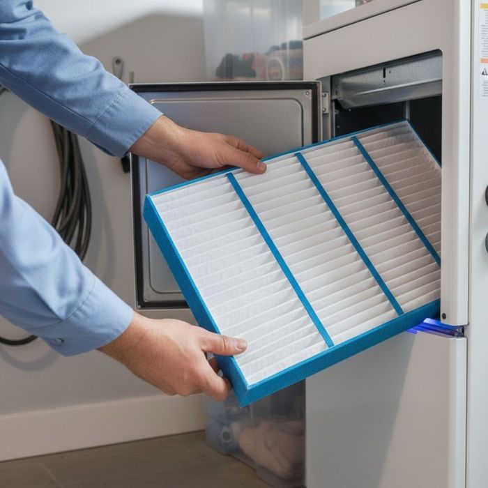 A close-up shot of a person’s hands sliding a fresh, clean white air filter into a residential HVAC slot.
