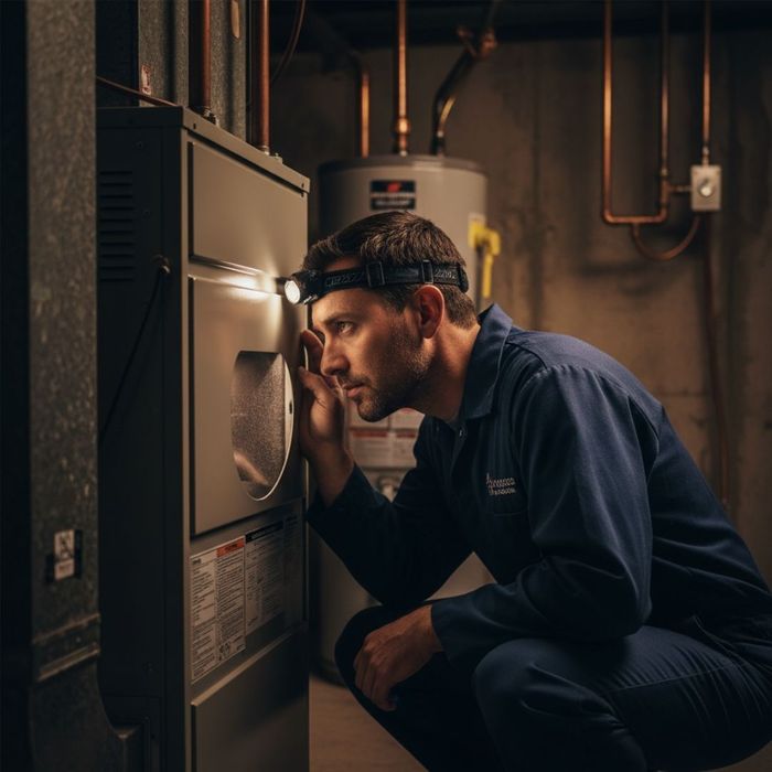 A service technician listening to a furnace for issues