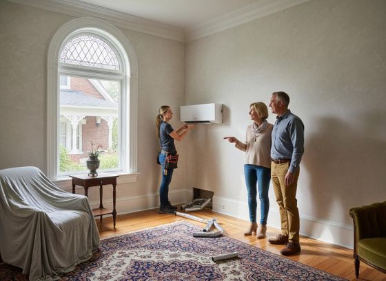 A female HVAC technician installs a mini-split AC unit on a wall as an older couple watches. Ductwork is on the floor in a bright room with an arched window. HVAC technician installing mini-split for couple