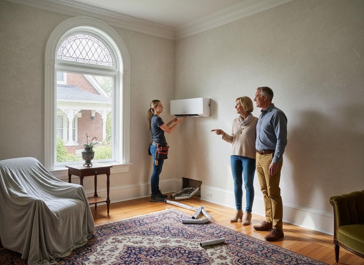 HVAC technician installing mini-split for couple