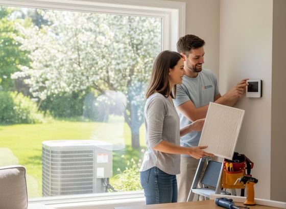 A technician and a woman install a smart thermostat and replace an air filter inside a home, with an outdoor AC unit visible through the window. HVAC technician and woman installing smart thermostat and air filter