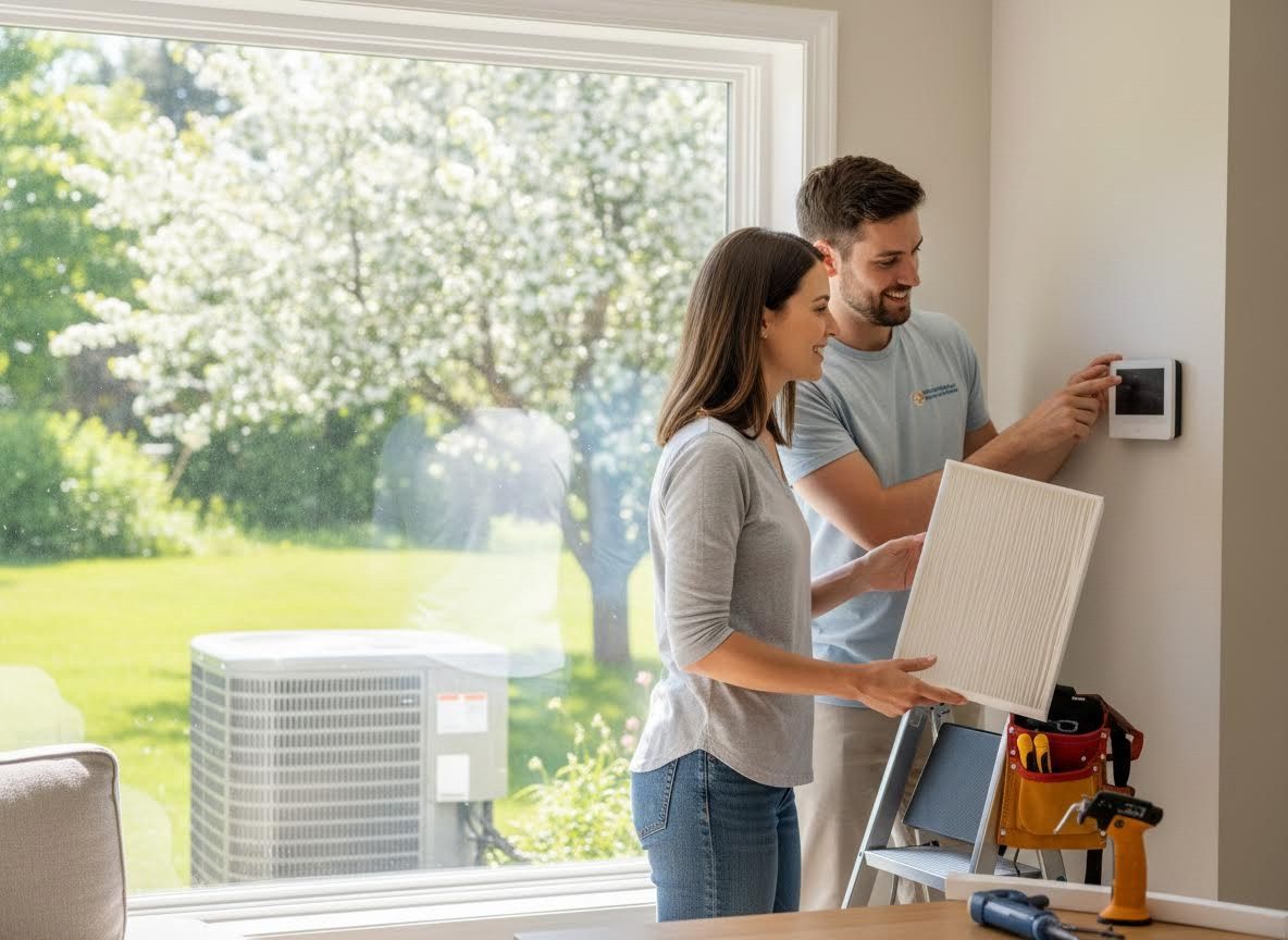 HVAC technician and woman installing smart thermostat and air filter