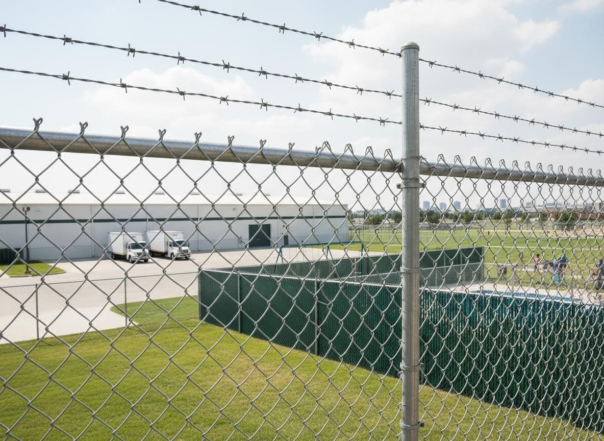 Chain-link fence with barbed wire, warehouse, trucks, and city skyline