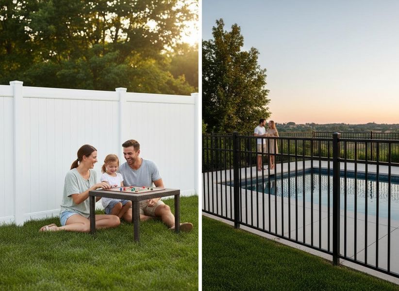Family Playing Game with White Vinyl Fence & Couple by Pool with Black Aluminum Fence