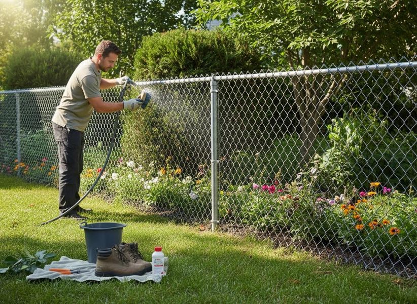 Man cleaning a chain-link fence in a garden