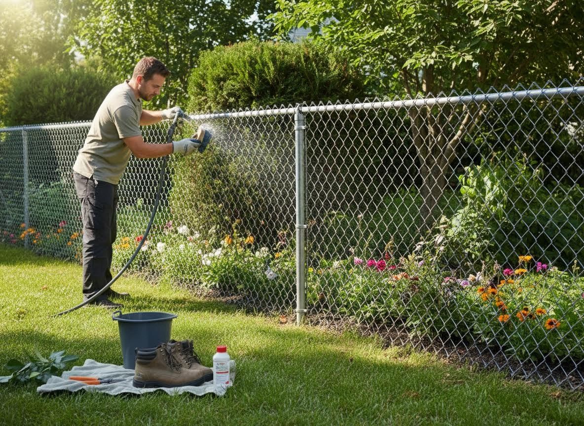 Man cleaning a chain-link fence in a garden
