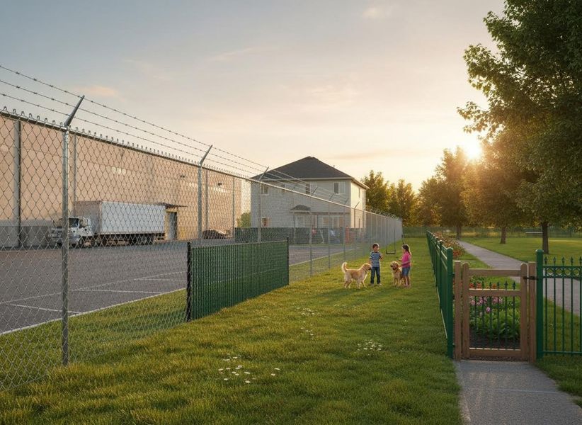 Children and Dogs Play in Park Next to Fenced Industrial Zone