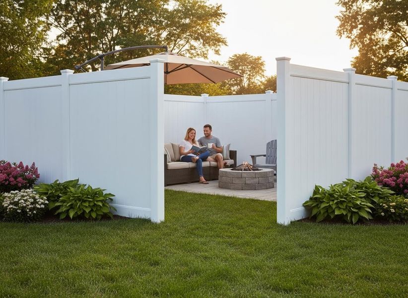 Couple relaxing in a private outdoor patio with a fire pit