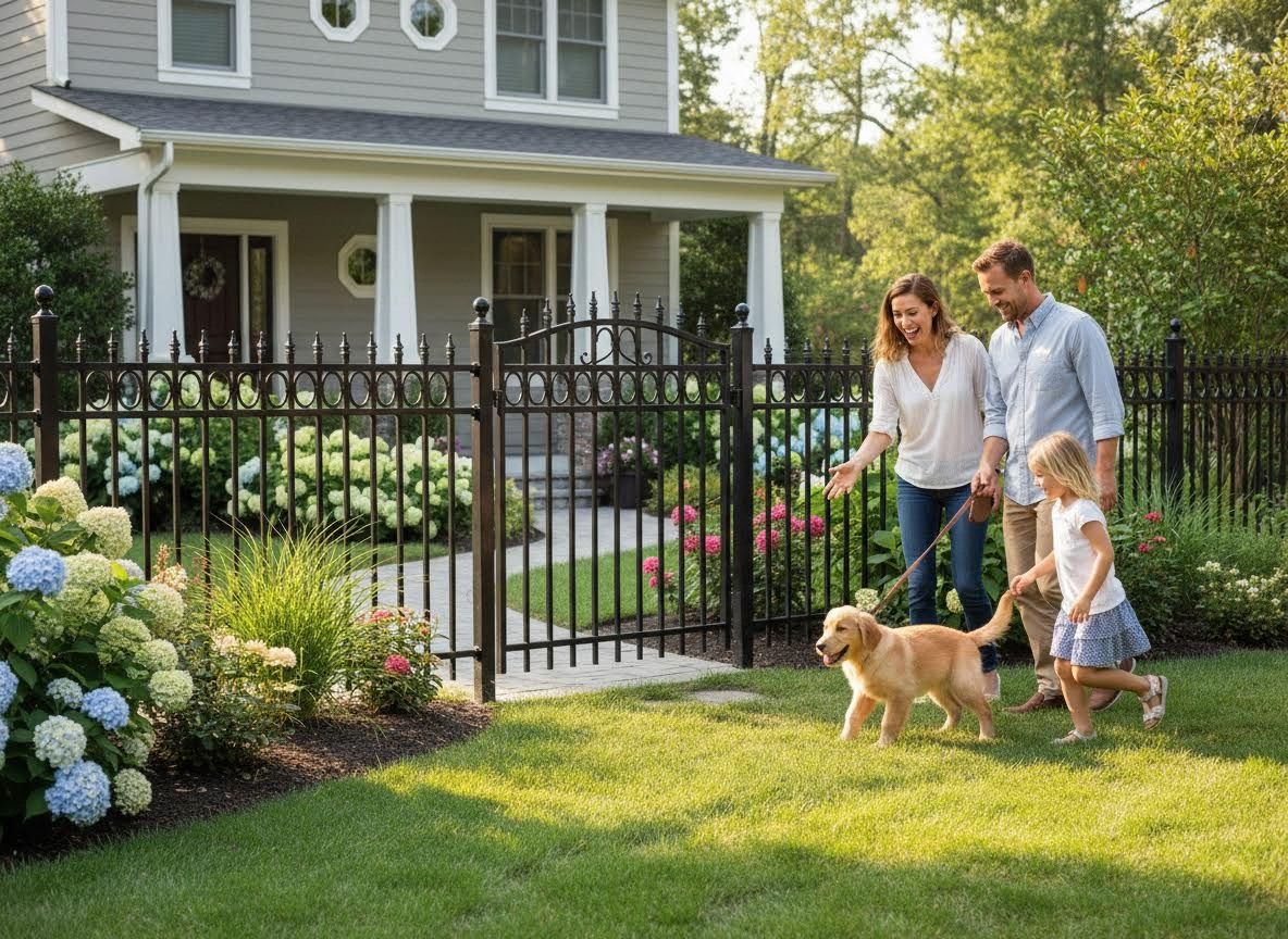 Family with Golden Retriever Puppy by Home Fence