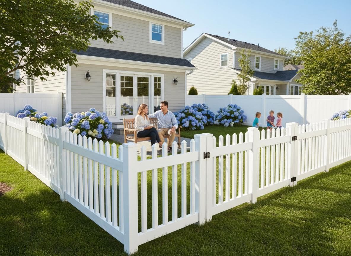 Family enjoying a sunny backyard with white picket fence and blue hydrangeas