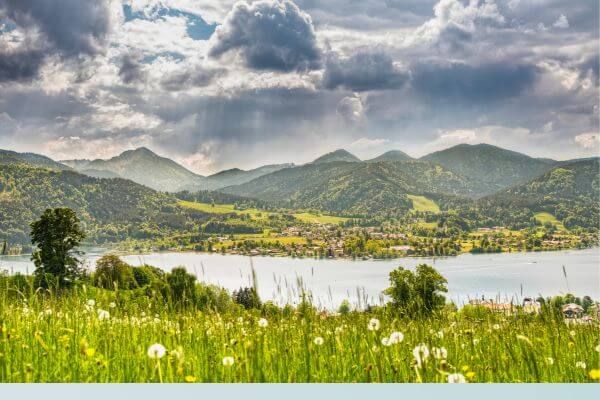 mountains and lake with clouds