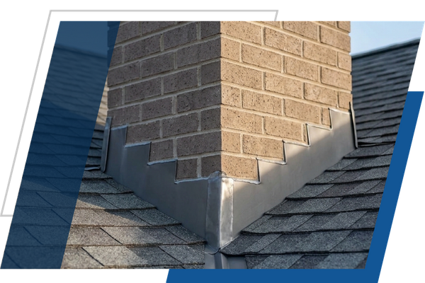 Precision roof flashing and shingle repair around a residential brick chimney.